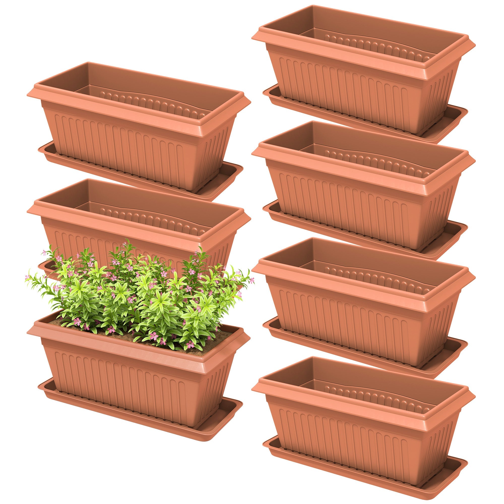 Outsunny 7 Pack 15.7" Plastic Flower Planters with Drainage Holes and Trays, Plant Pots for Indoor Outdoor Plants, Brown 