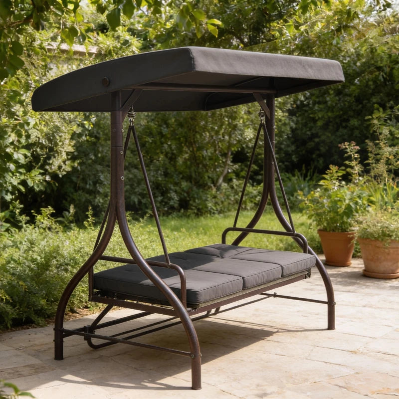 Convertible Patio Swing Bed with Canopy and Cushions, 3 Seater Porch Swing for Outdoor, Backyard, Garden, Dark Grey