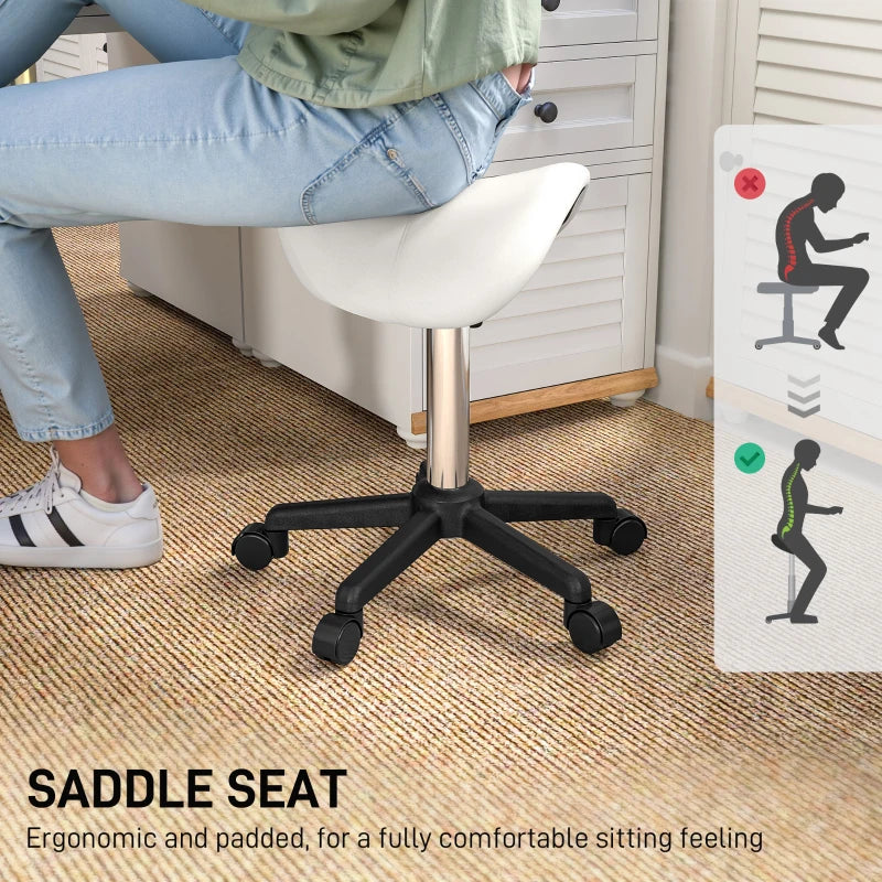 Saddle Stool, Adjustable Rolling Stool, White