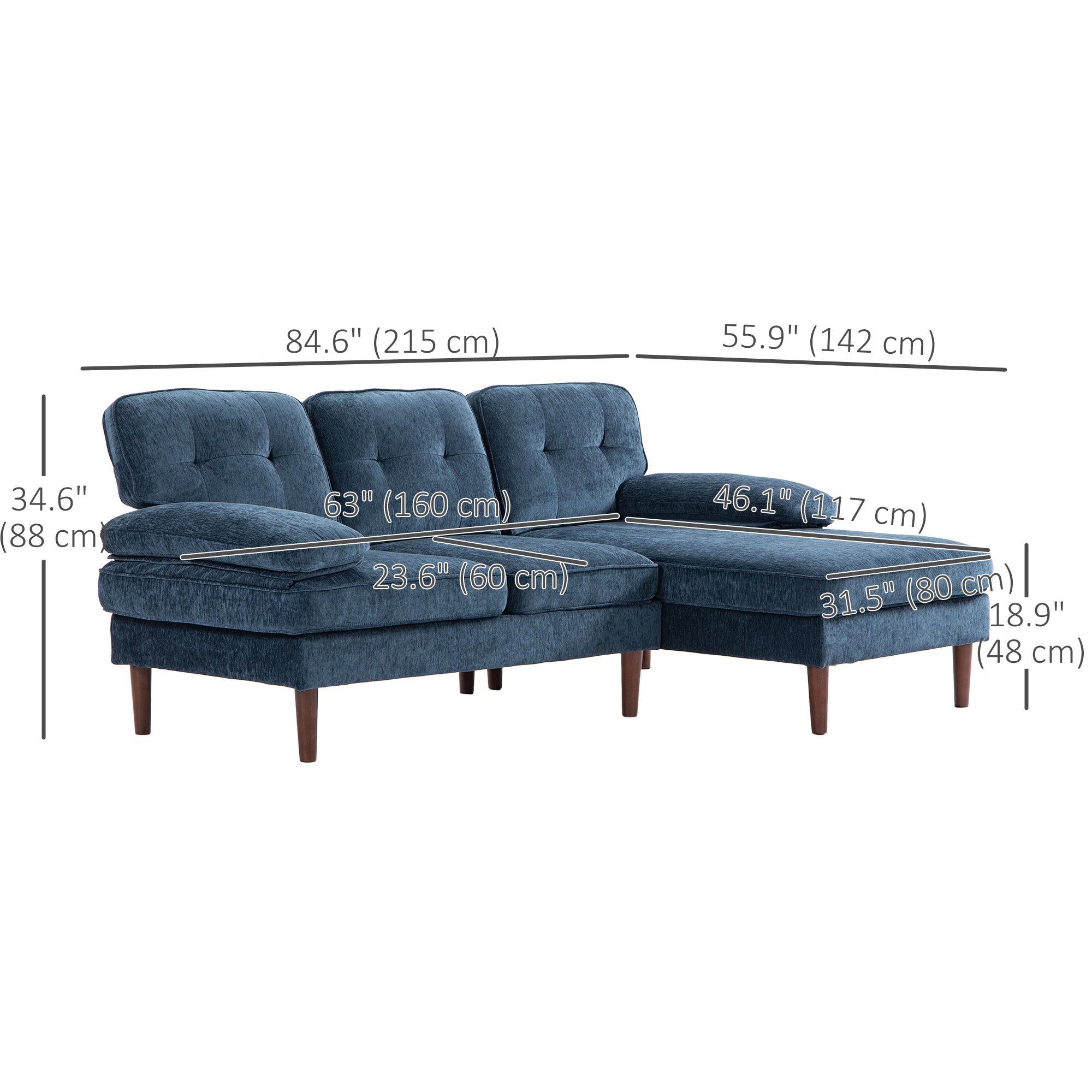 HOMCOM Modern Corner Couch with Right Chaise Lounge, Tufted 3-Seater Sofa with Wooden Legs for Living Room, Bedroom, Navy Blue 