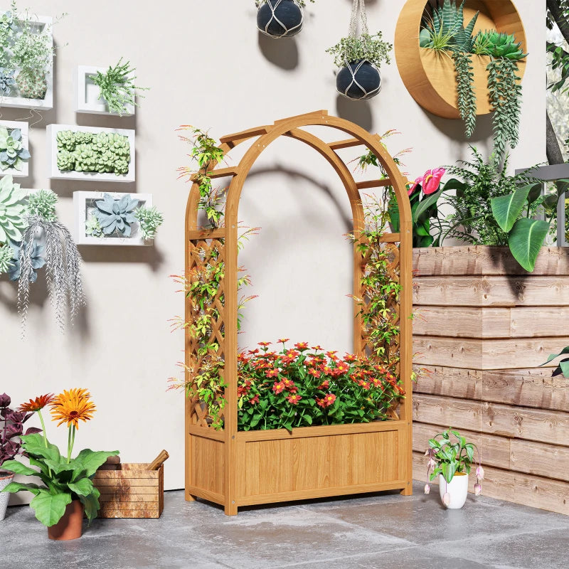Wooden Raised Garden Bed with Arch Trellis, 33" x 14" x 57" Raised Planter Box with Drainage Holes, Trellis Planter for Vine Climbing Plants