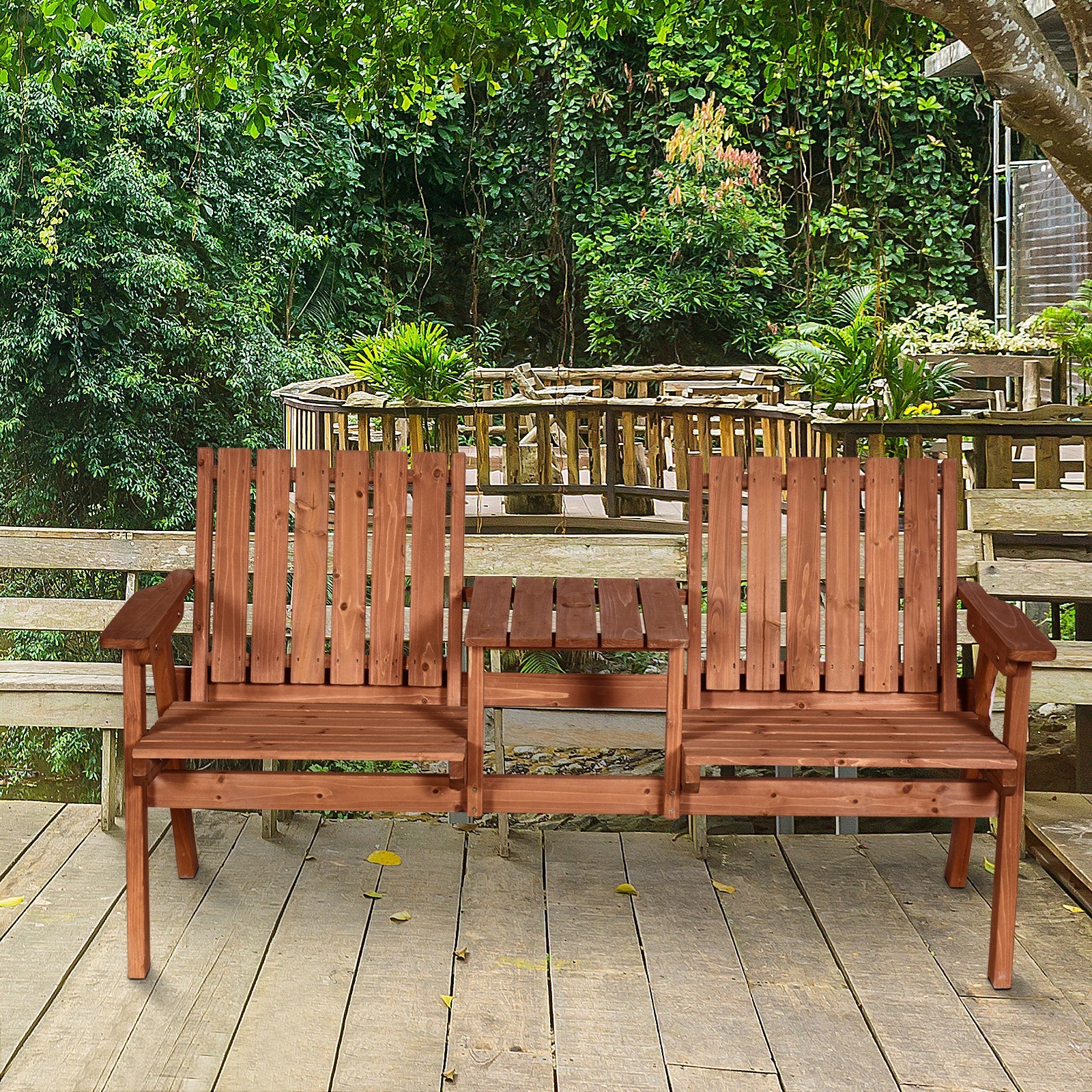 Outsunny Garden Bench for 2 Persons with Middle Table and Umbrella Hole, 2-Seater Outdoor Wooden Bench with Slat Design, Orange 