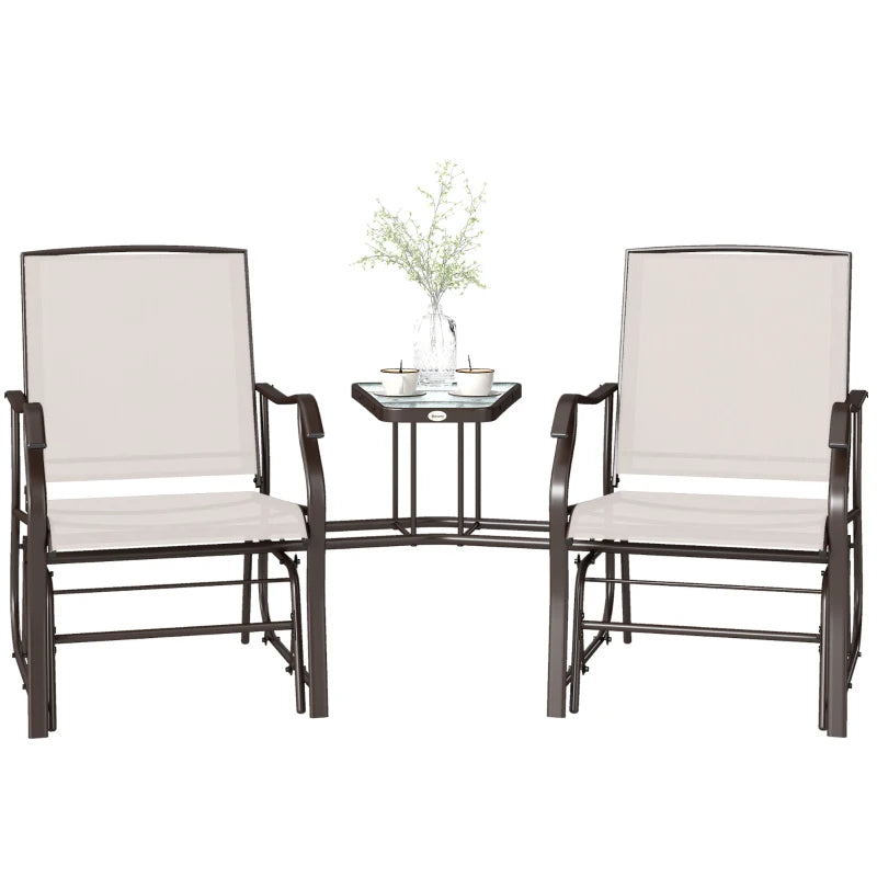 Double Patio Glider Chair with Glass Top Center Table, Outdoor Glider Loveseat with High Back,  All Weather Breathable Mesh Fabric for Garden, Backyard, Deck, Beige