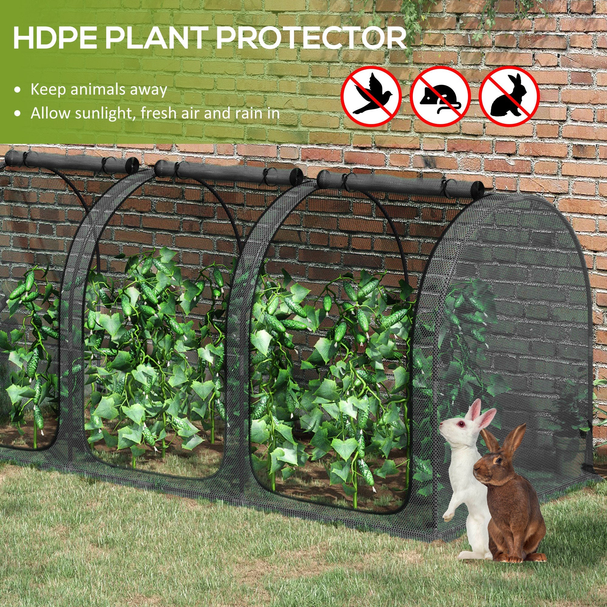 Outsunny 9' x 4' Crop Cage, Garden Plant Protector, with 3 Zippered Doors and 6 Ground Stakes, for Garden, Yard, Lawn, Black 