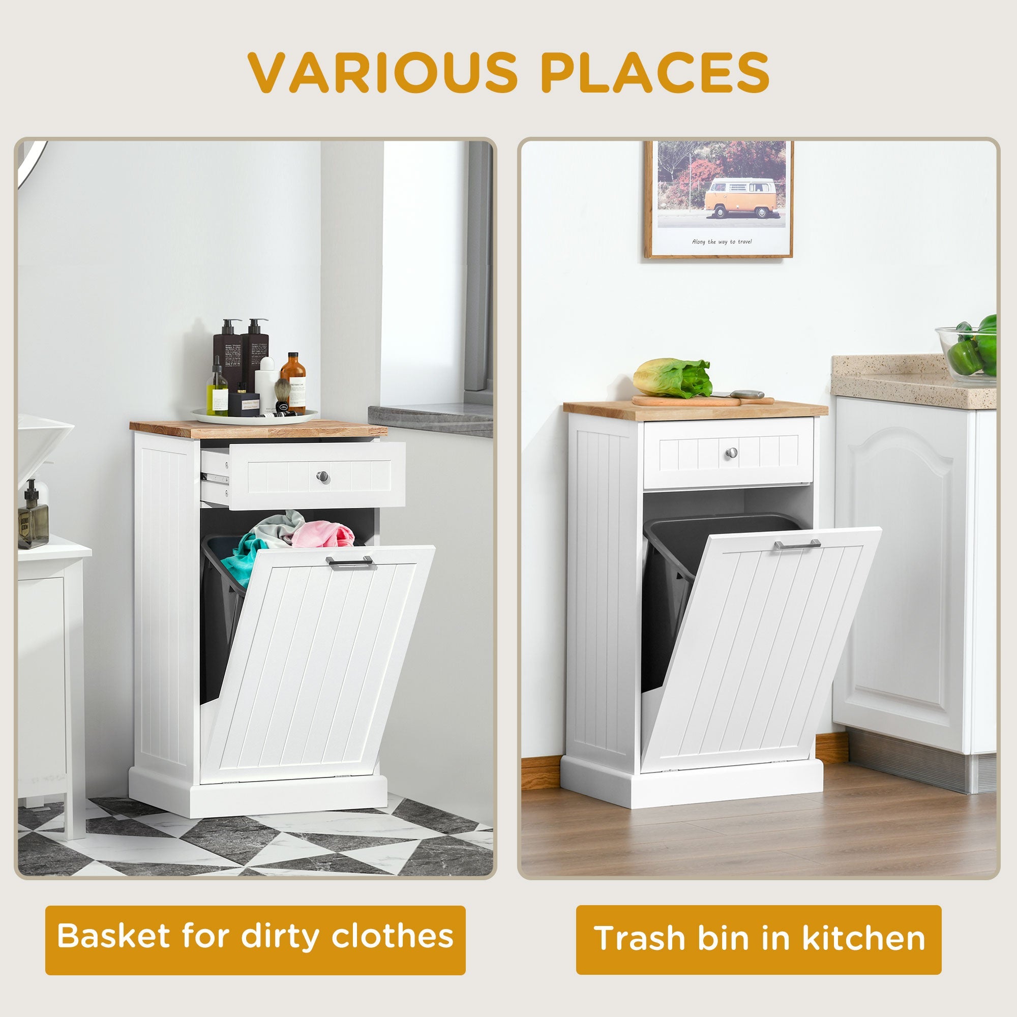 HOMCOM Kitchen Tilt Out Trash Bin Cabinet Free Standing Recycling Cabinet Trash Can Holder Drawer White 