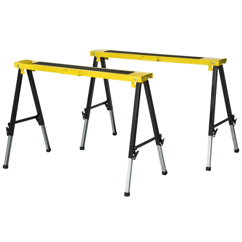 Saw Horse Twin Pack Folding Workbench Adjustable Metal Trestle Stands Yellow