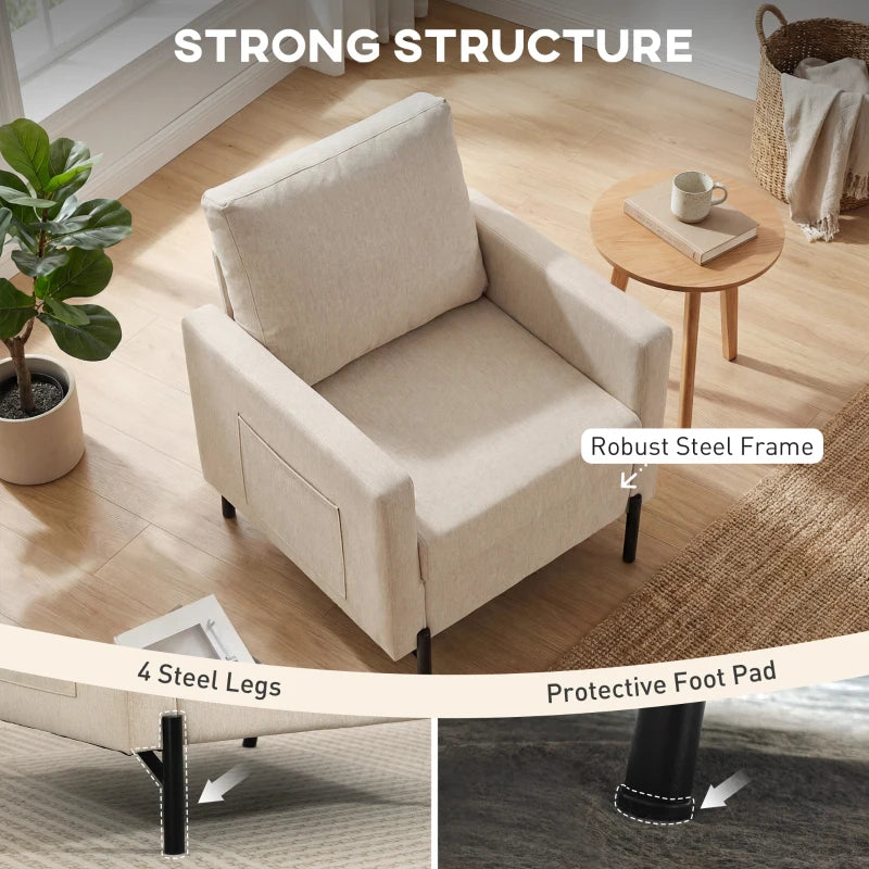 Accent Chair Modern Upholstered Armchair with Side Pockets and Cushion for Bedroom, Living Room, Beige