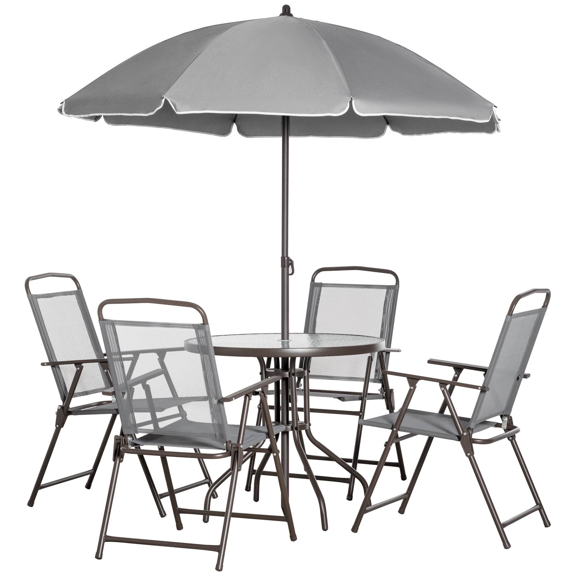 Outsunny 6 Pieces Outdoor Dining Set for 4 with Umbrella Patio Outdoor Furniture Set with Round Table 4 Folding Chairs Grey 