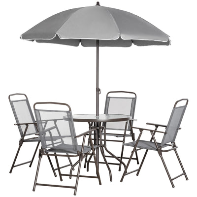 Outsunny 6 Pieces Outdoor Dining Set for 4 with Umbrella Patio Outdoor Furniture Set with Round Table 4 Folding Chairs Grey 