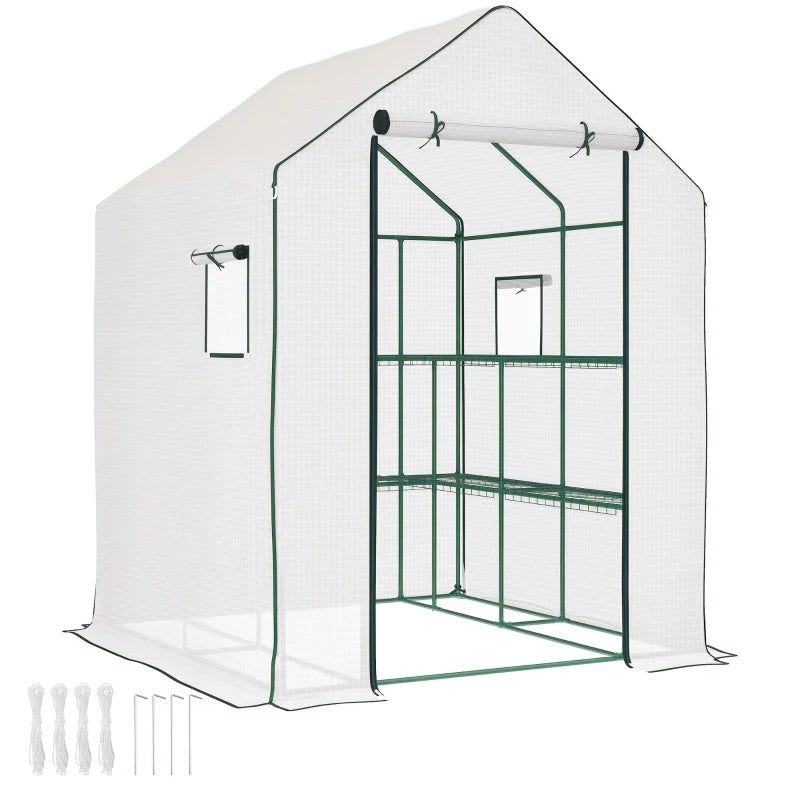 Portable Greenhouse, Walk-In Small Outdoor Green House with 2 Tier U-Shaped Flower Rack Shelves, 4.6' x 4.7', White