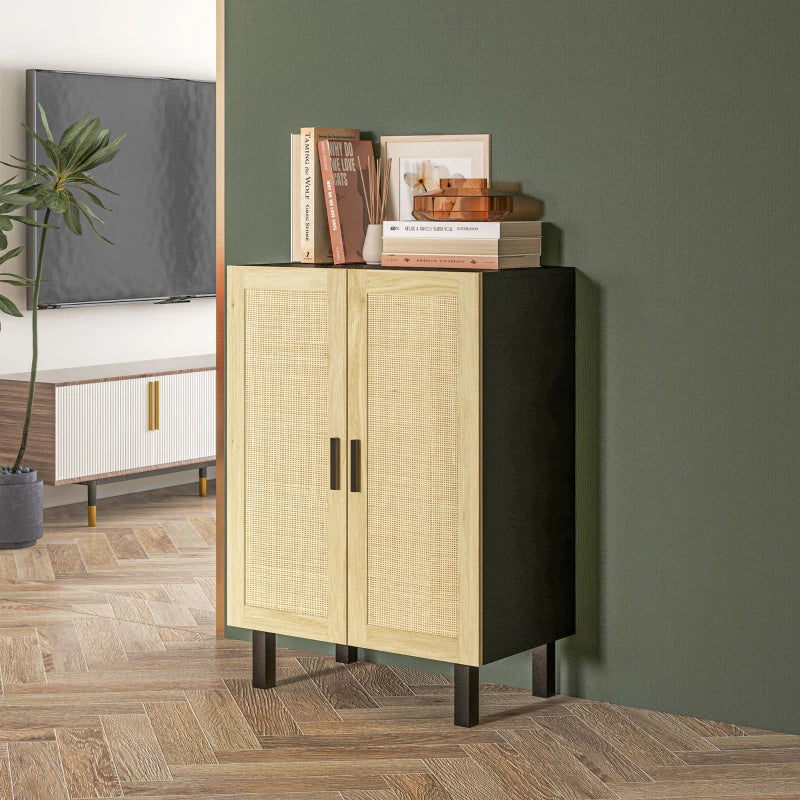 Boho Sideboard, Buffet Cabinet with Storage, Accent Cabinet with 2 Rattan Doors and Adjustable Shelves, Black