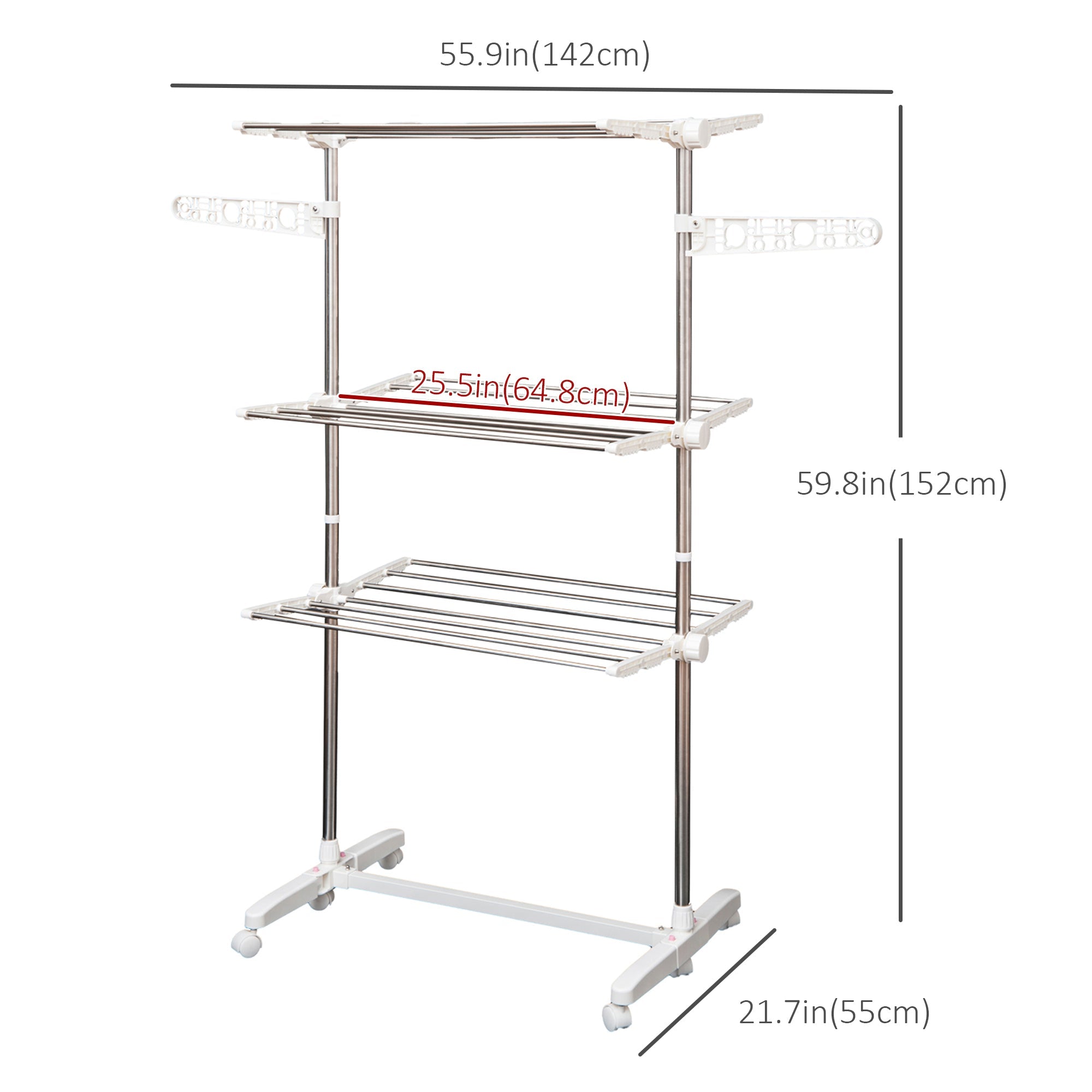 HOMCOM Clothes Drying Rack 3 Tier Foldable Rolling Collapsible Laundry Dryer Hanger Towel Holder Indoor Outdoor Stainless 