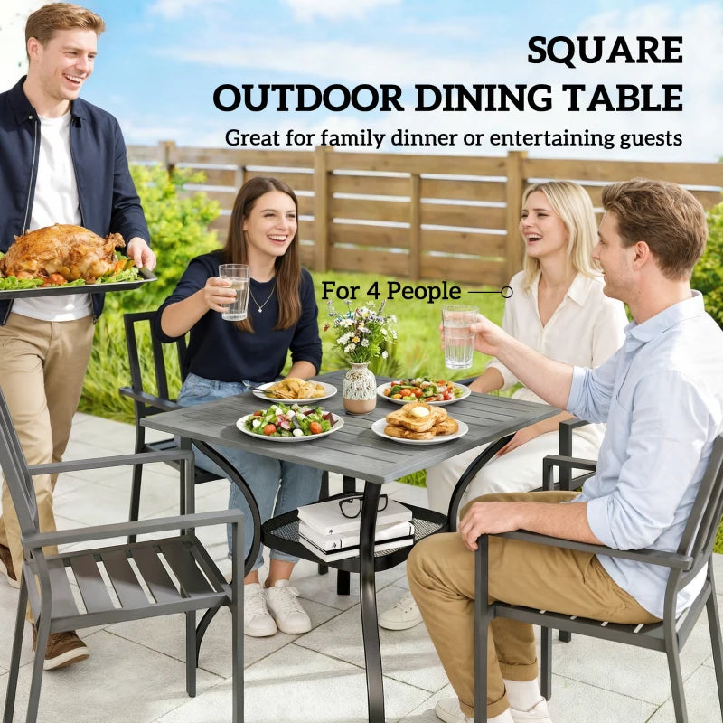 Outdoor Dining Table for 4, Square Patio Table with Umbrella Hole, Shelf, Slatted Faux Wood Steel Top, Grey