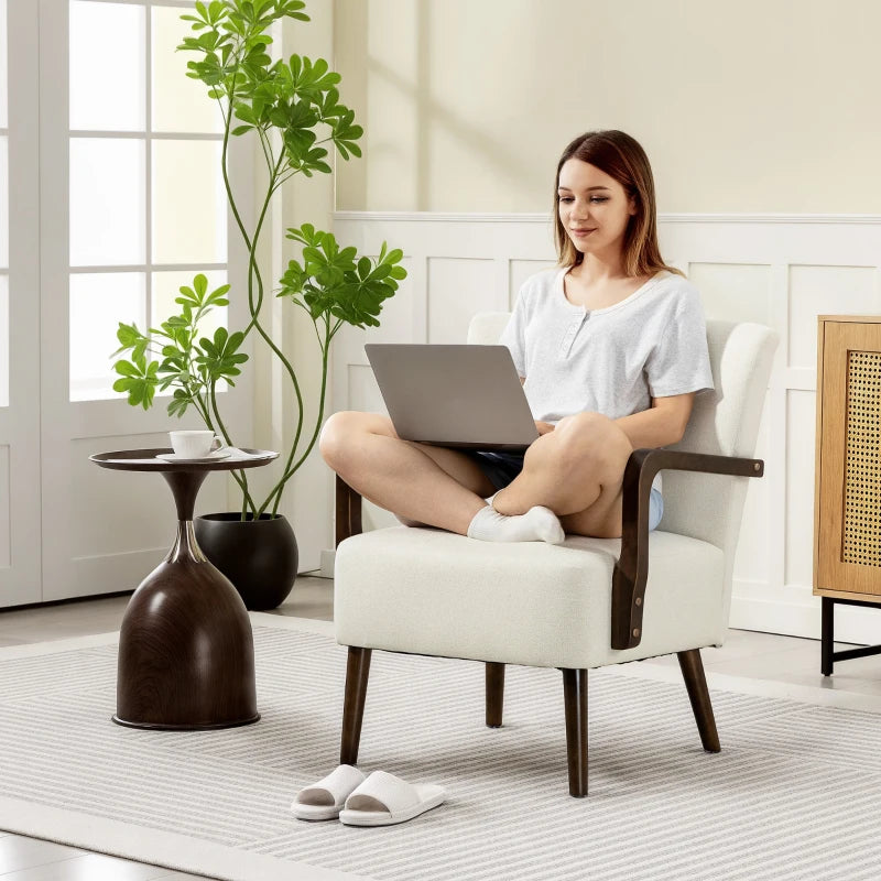 Accent Chair with Wooden Legs, Linen Fabric Armchair with Thick Padding, Comfy Chair for Living Room, Cream White