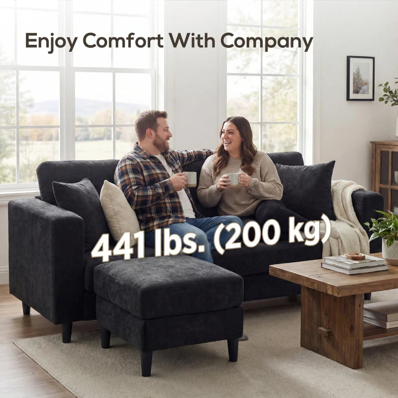 Sectional Sofa, L Shaped Corner Sofa with Changeable Chaise, High-density Foam Padding Seat, Linen Fabric, Wooden Legs, Black