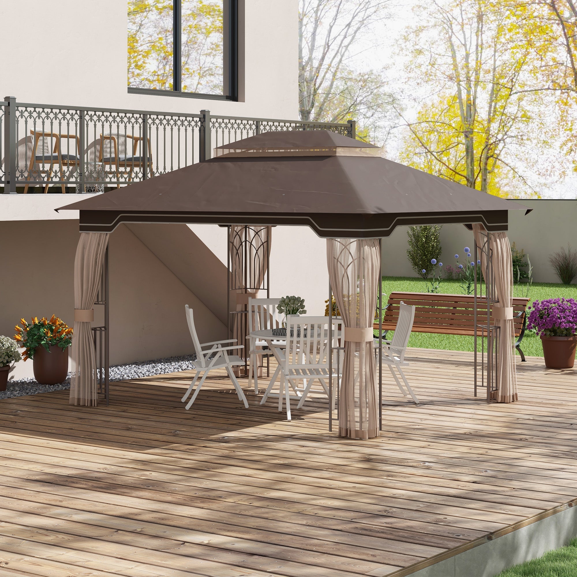 Outsunny 12' x 10' Soft-top Patio Gazebo Covered Gazebo Backyard Tent with Double Tier Roof and Netting Sidewalls, Brown 