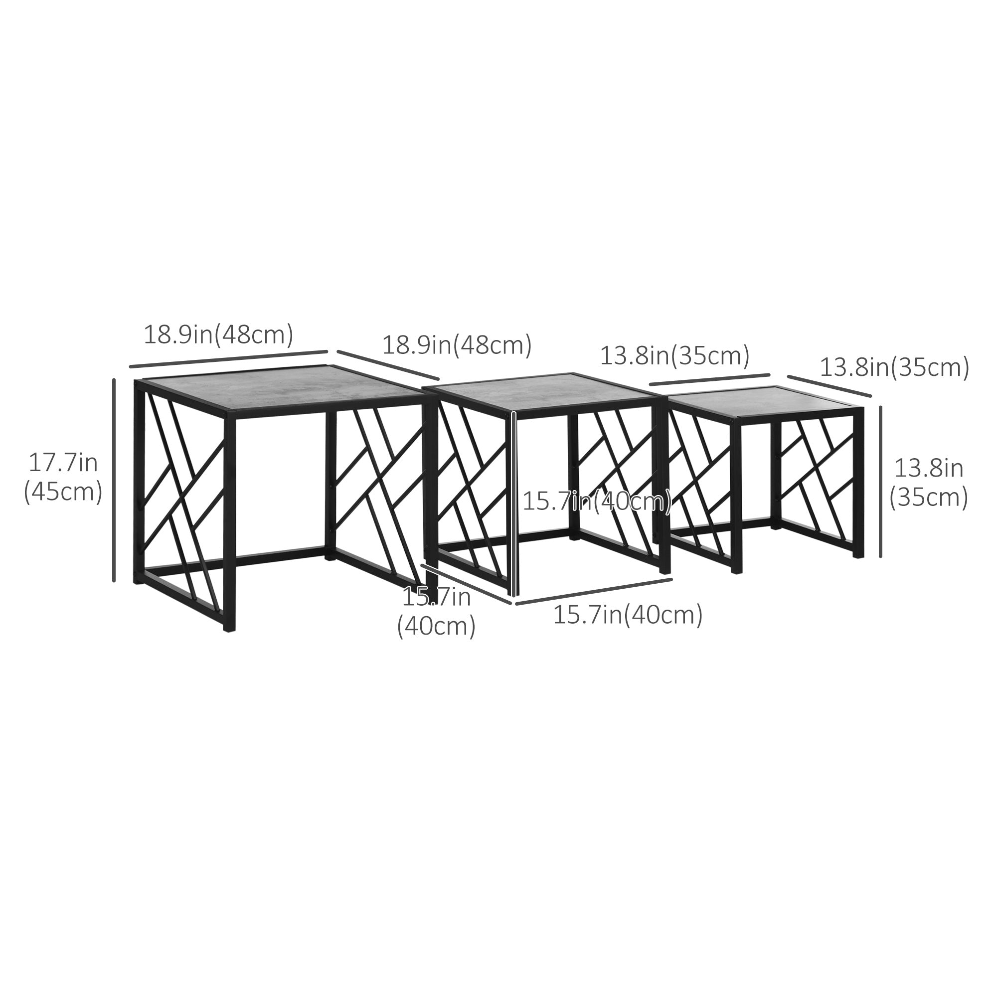 HOMCOM Nest of Tables 3 Piece Square Coffee Table Set Metal Frame for Living Room Bedroom Grey 