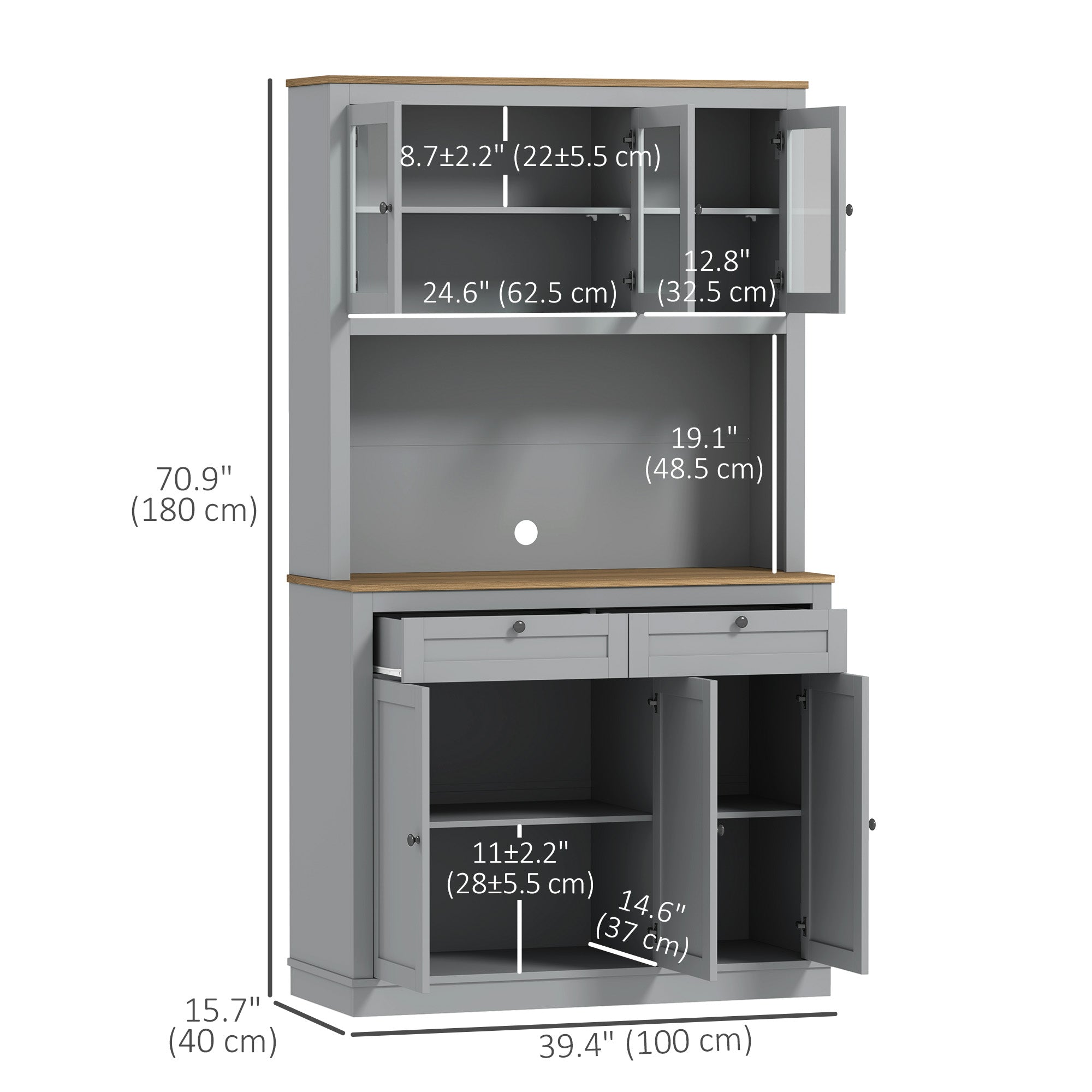 HOMCOM 71" Pantry Cabinet with Microwave Space, Buffet with Hutch, 2 Drawers, Adjustable Shelves and Glass Doors, Grey 