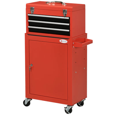 DURHAND 2 In 1 Detachable Tool Box and Tool Cabinet, 3-Drawer Rolling Tool Chest Cabinet on Wheels with Lock and 2 Keys, Red 