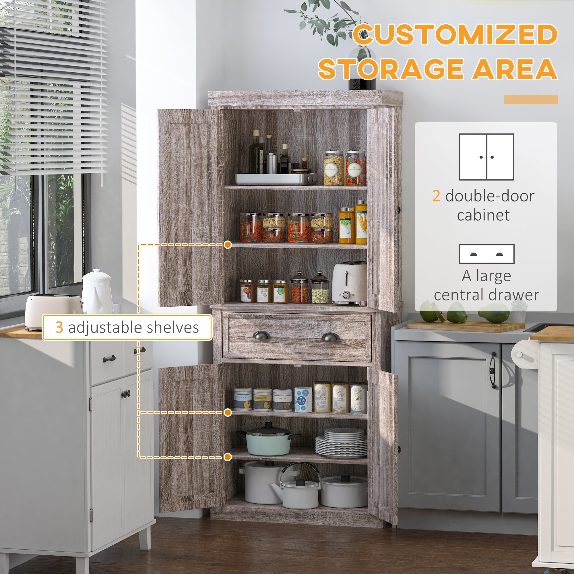 HOMCOM Wood Grain Tall Kitchen Cabinet: Freestanding Pantry Cupboard with Drawer and Shelves for Dining Room 