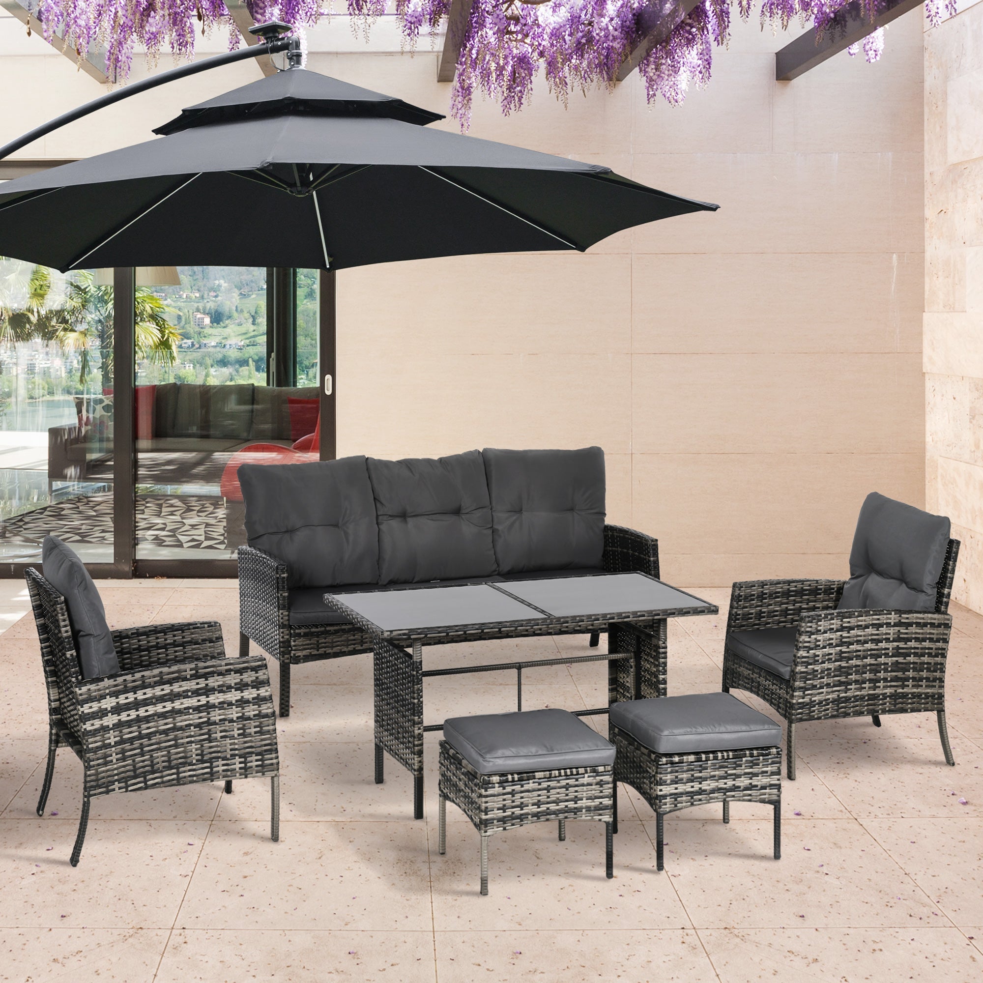 Outsunny 6PC Outdoor Patio Furniture Set Chairs Ottomans Sofa Glass Table Cushions Rattan Conversation Set 