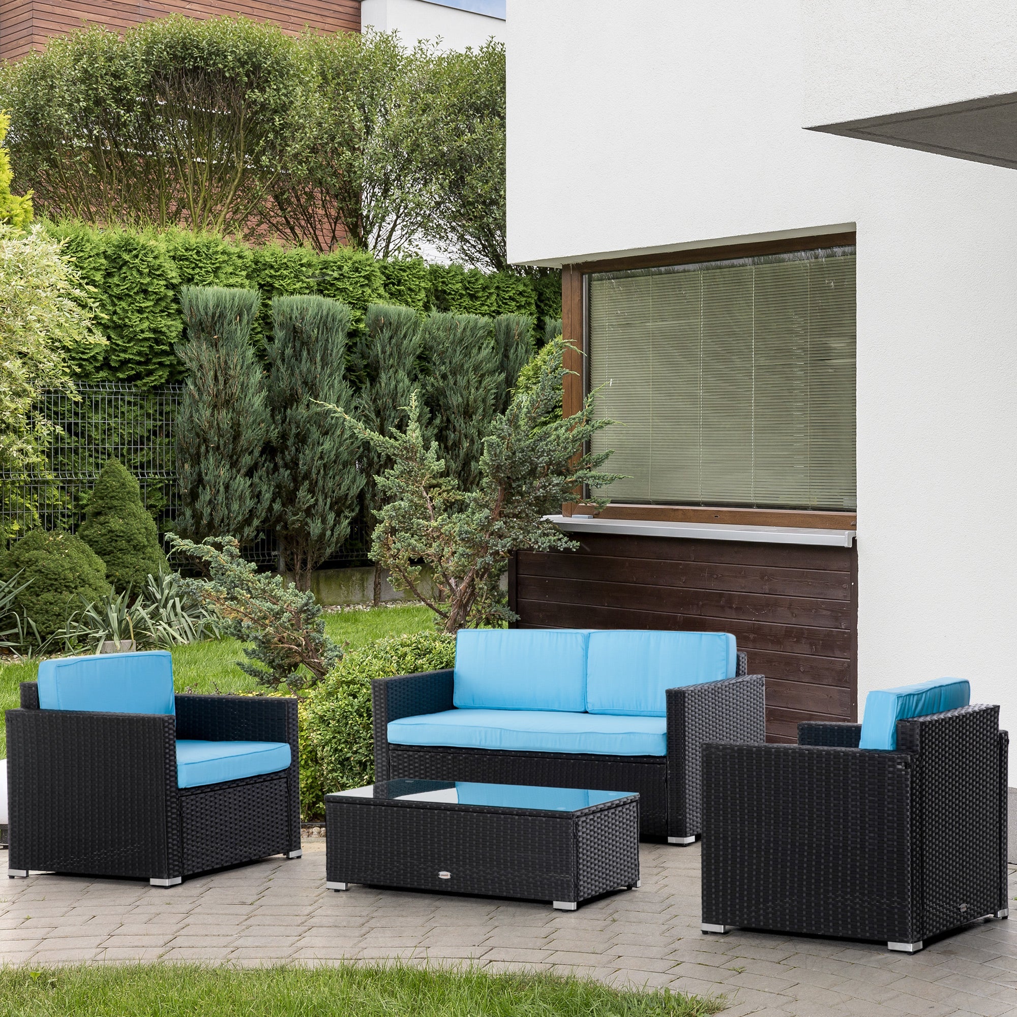Outsunny 4PC Sky Blue Patio Wicker Sofa Set Outdoor PE Rattan Conversation Furniture with Tempered Glass Table-top 
