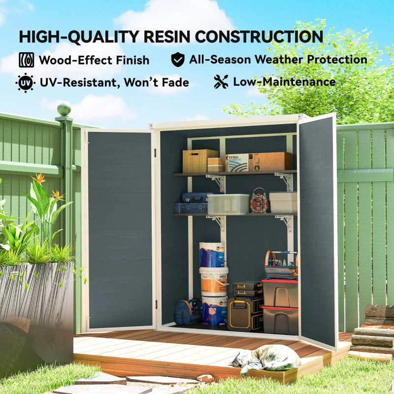 Outdoor 4.4' x 2.3' Plastic Storage Shed with Lockable Doors and Foldable Shelves, Wood-Effect Garden Shed, Grey