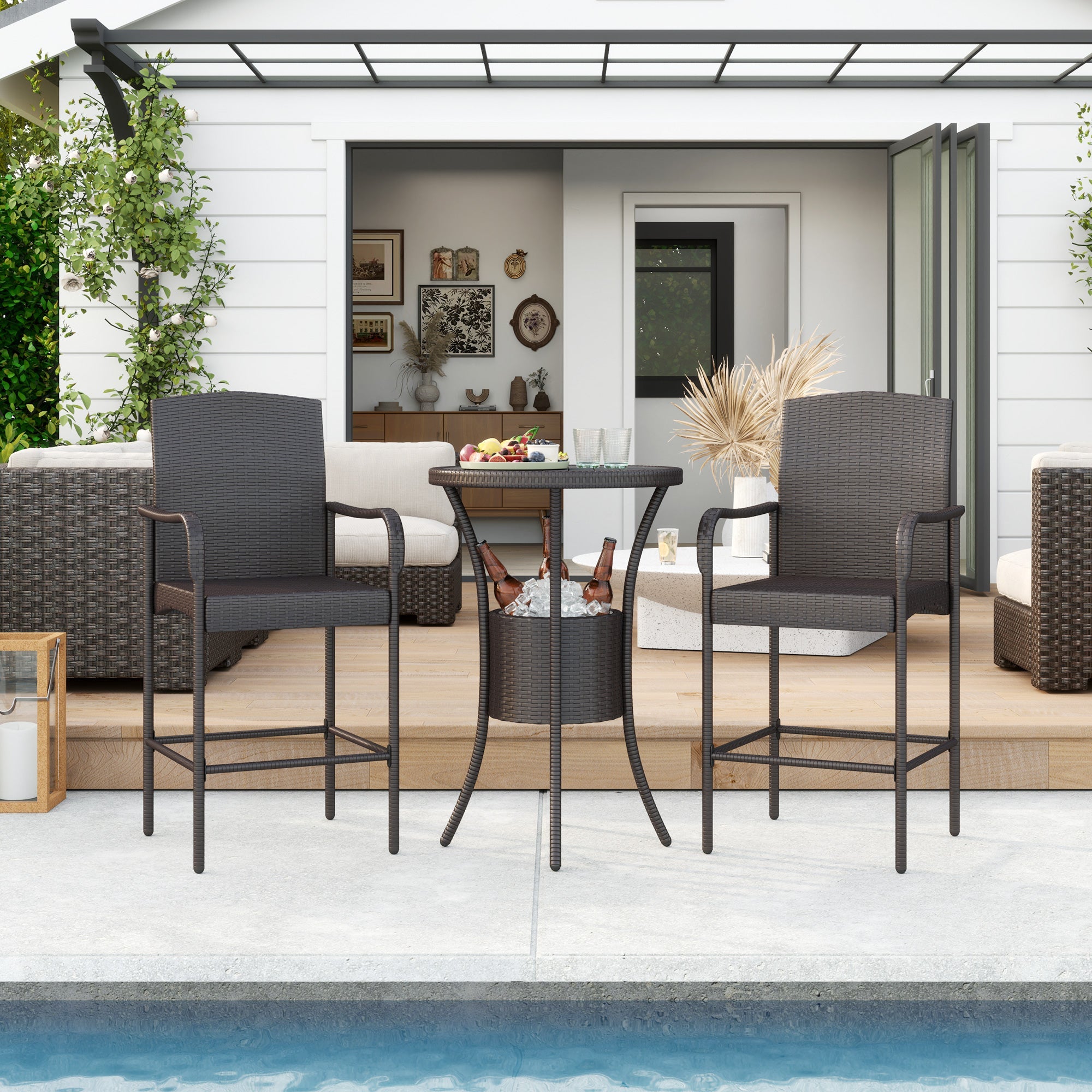 Outsunny 3 Pieces Patio Bar Set Rattan Bistro Table and High Chairs Garden Wicker Outdoor Conversation Furniture, Brown 
