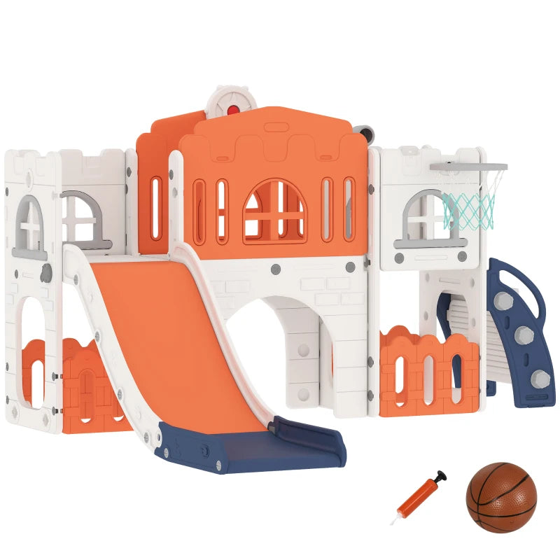 Qaba 7 in 1 Toddler Slide with Basketball Hoop, Climber, Telescope, Tunnel, Steering Wheel, for 1-3 Years, Orange