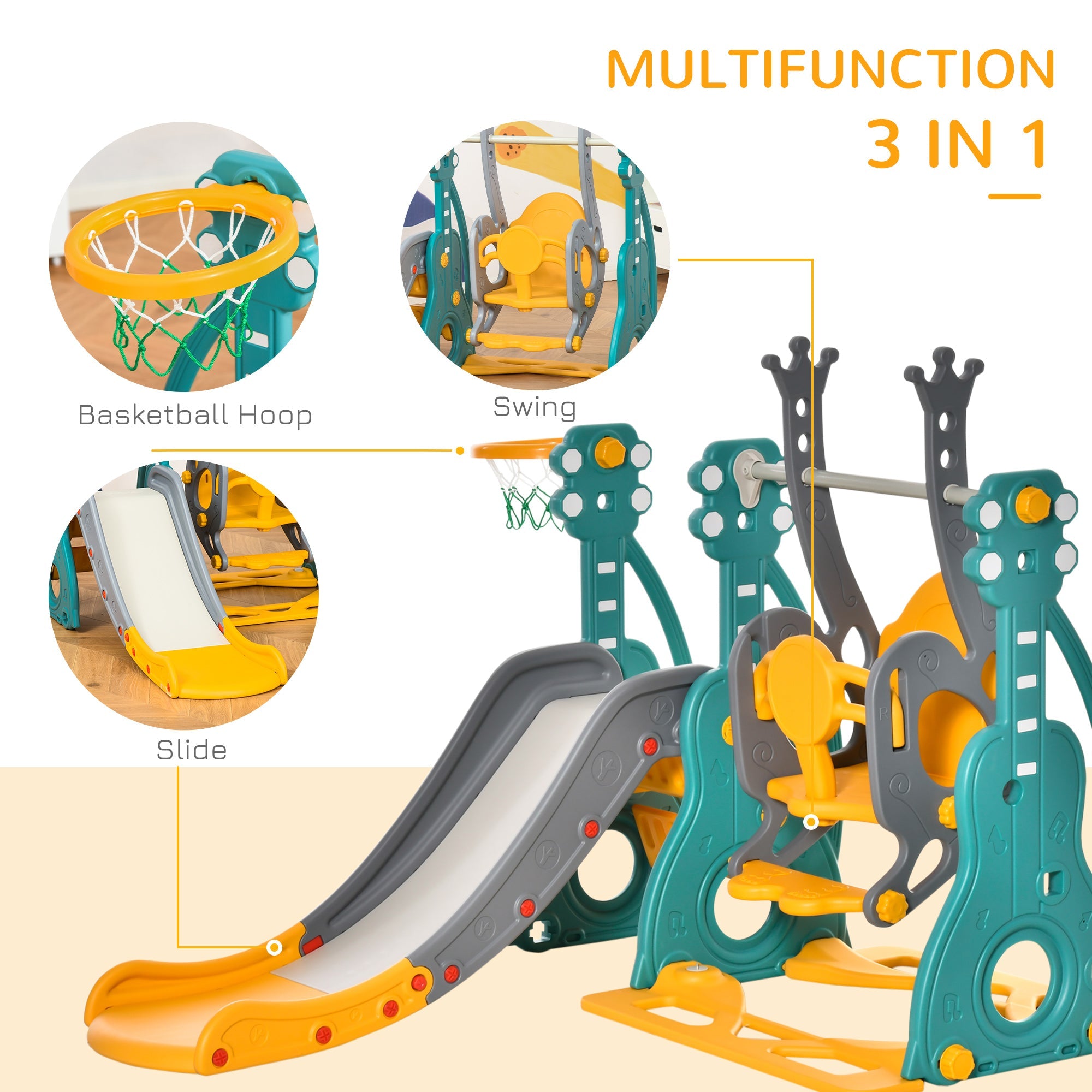 Qaba 3-IN-1 Kids Swing and Slide Set with Basketball Hoop Slide Swing Adjustable Seat Height Toddler Playground Activity Center 
