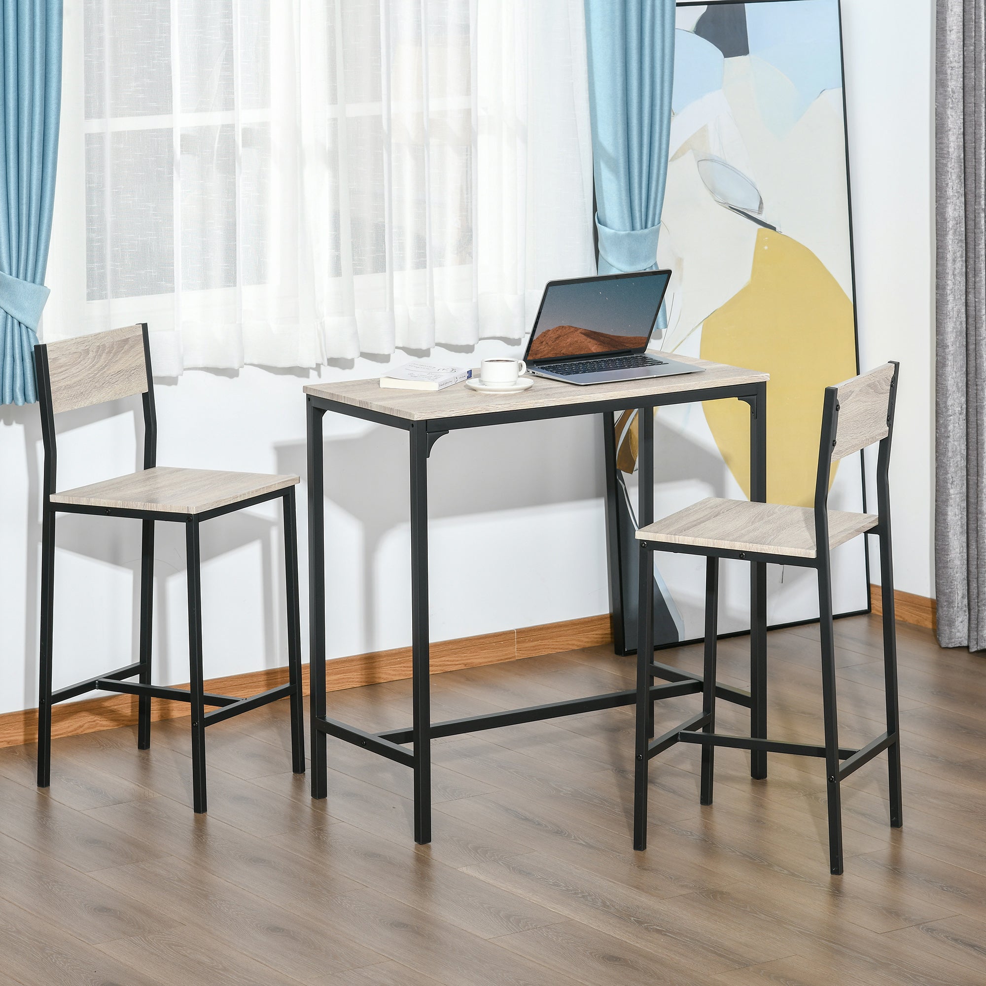 HOMCOM Industrial 3 Piece Dining Set Counter Height Table and High Back Stools for Small Spaces 