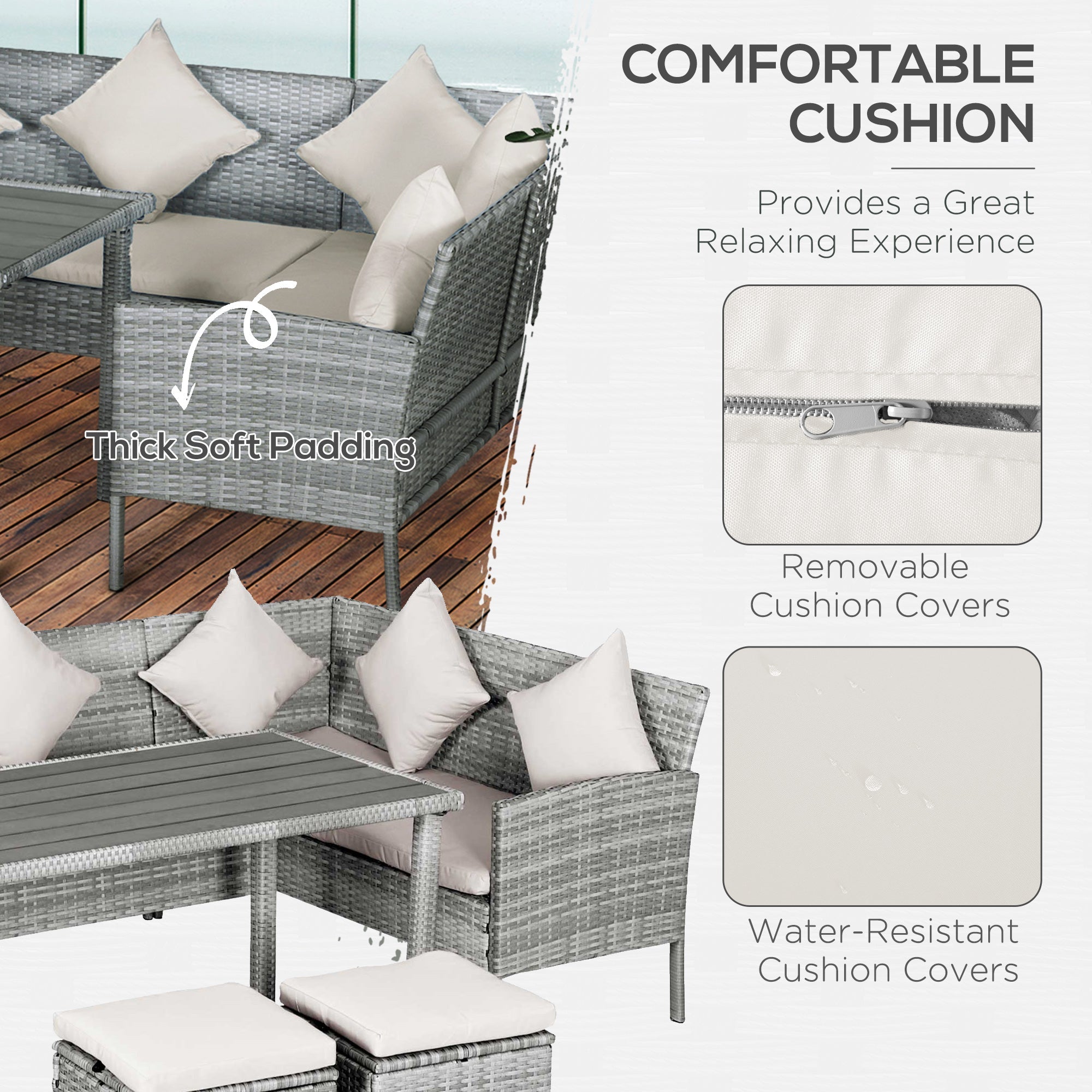 Outsunny 5-Piece Patio Garden Sofa Dining Set PE Rattan Wicker Wood Furniture 