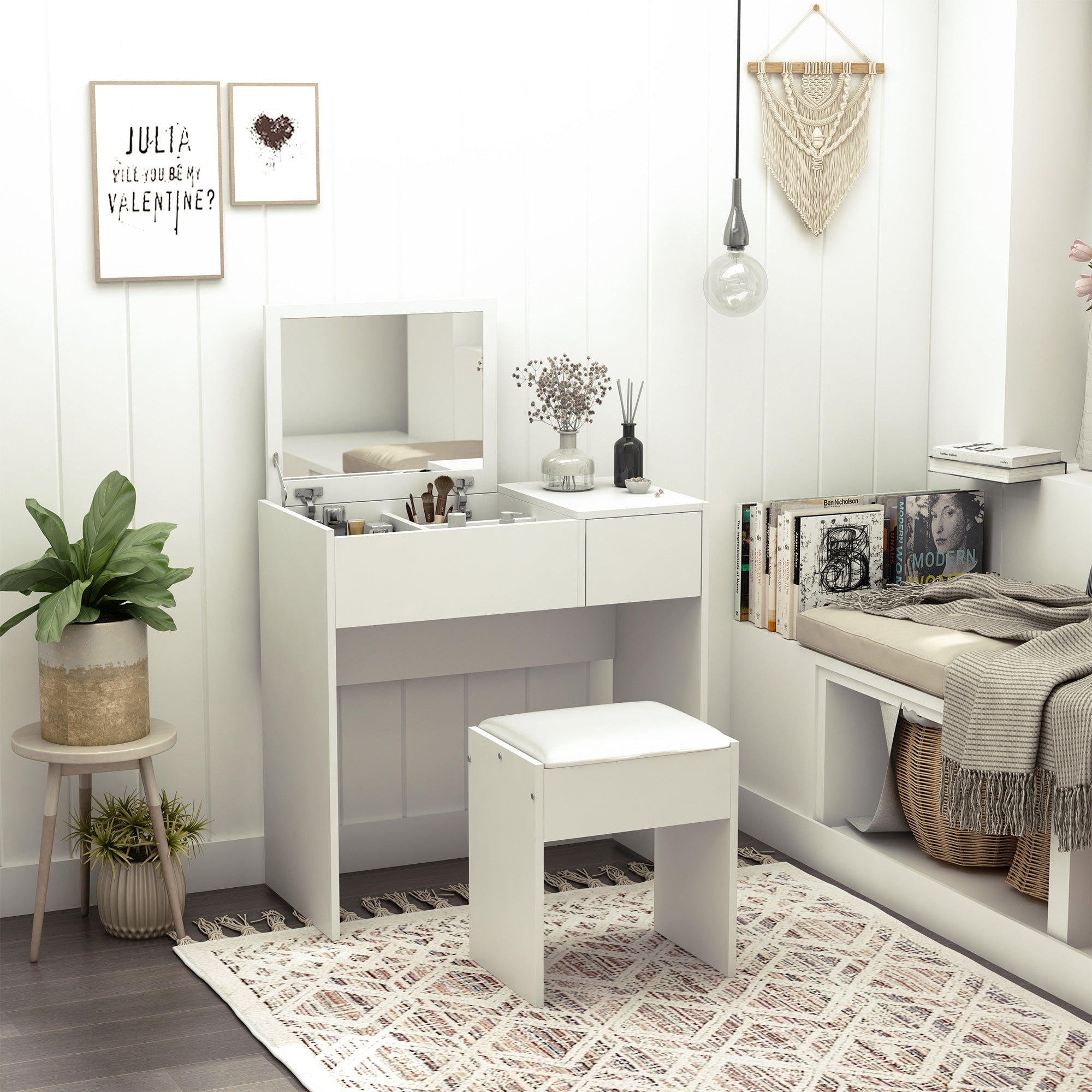 HOMCOM Dressing Table Set with Flip Top Mirror and Cushioned Stool, Makeup Vanity Table Dresser Desk with Drawer and Storage Grids 