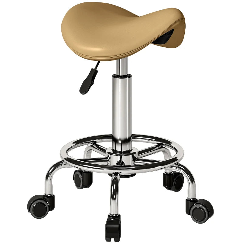 Saddle Stool, PU Leather Adjustable Rolling Salon Chair, Light Brown