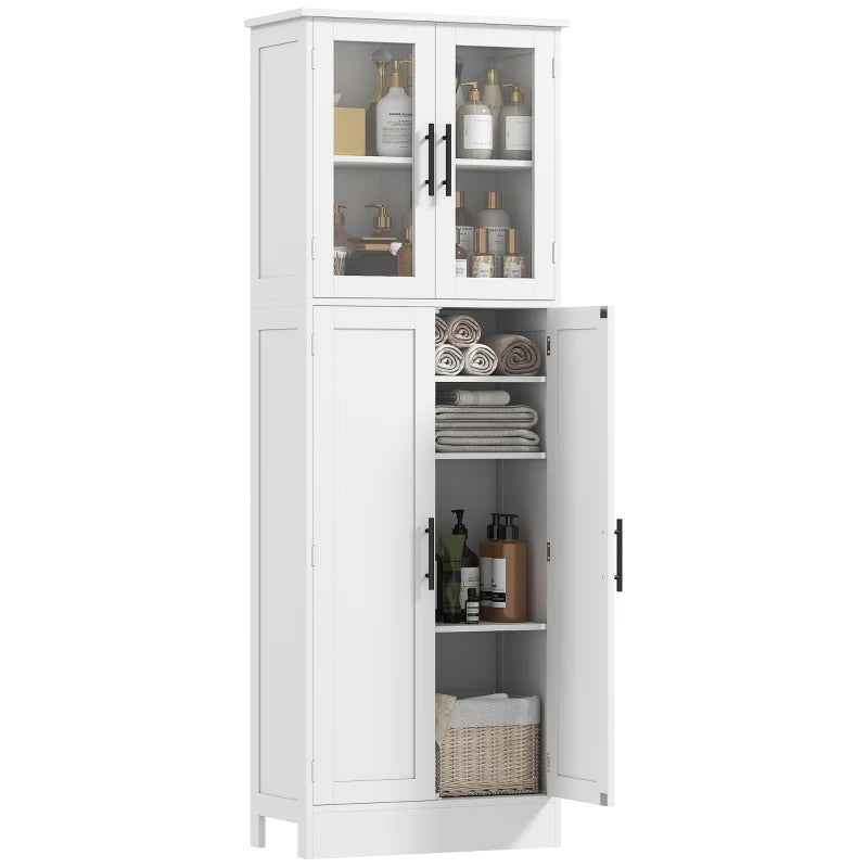 Tall Bathroom Cabinet with Glass Doors, Space-Saving Unit with Adjustable Shelves, Freestanding Storage, White
