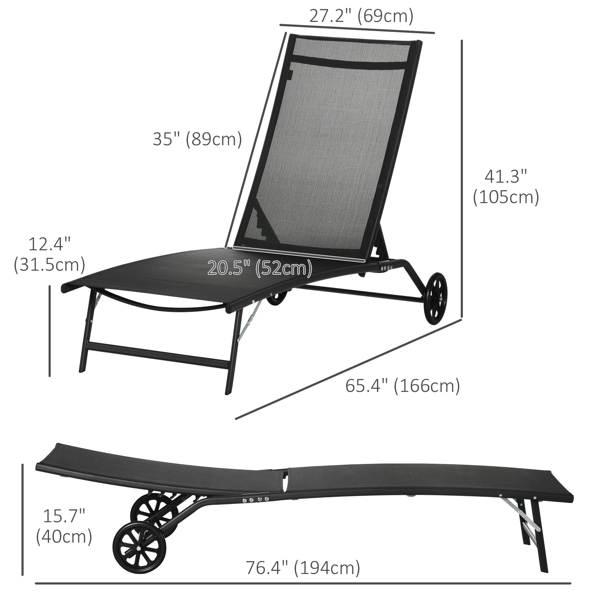 Outsunny 2PC Lounge Chairs w Wheels 5-Level Adjustable Backrest Garden Backyard Patio Poolside Black 