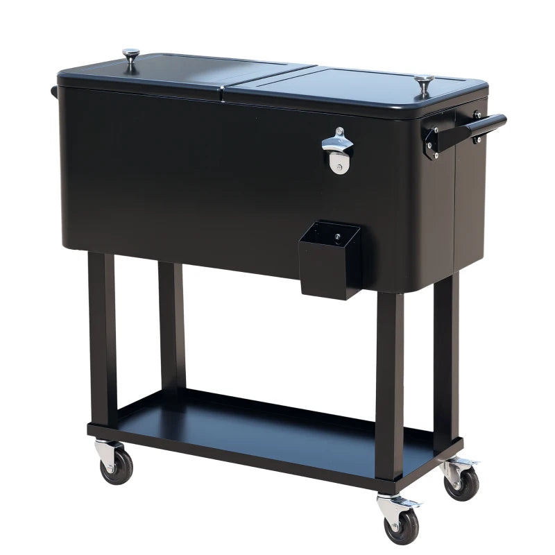 80 Quart Rolling Cooler Cart Portable Patio Ice Beer Beverage Cooling Bin for Outdoor Party w/ Bottle Opener & Storage Shelf Black