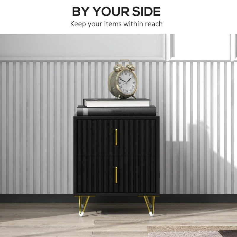 Bedside Table, Modern Nightstand with 2 Drawers, Side End Table with Metal Legs for Living Room, Bedroom, Black