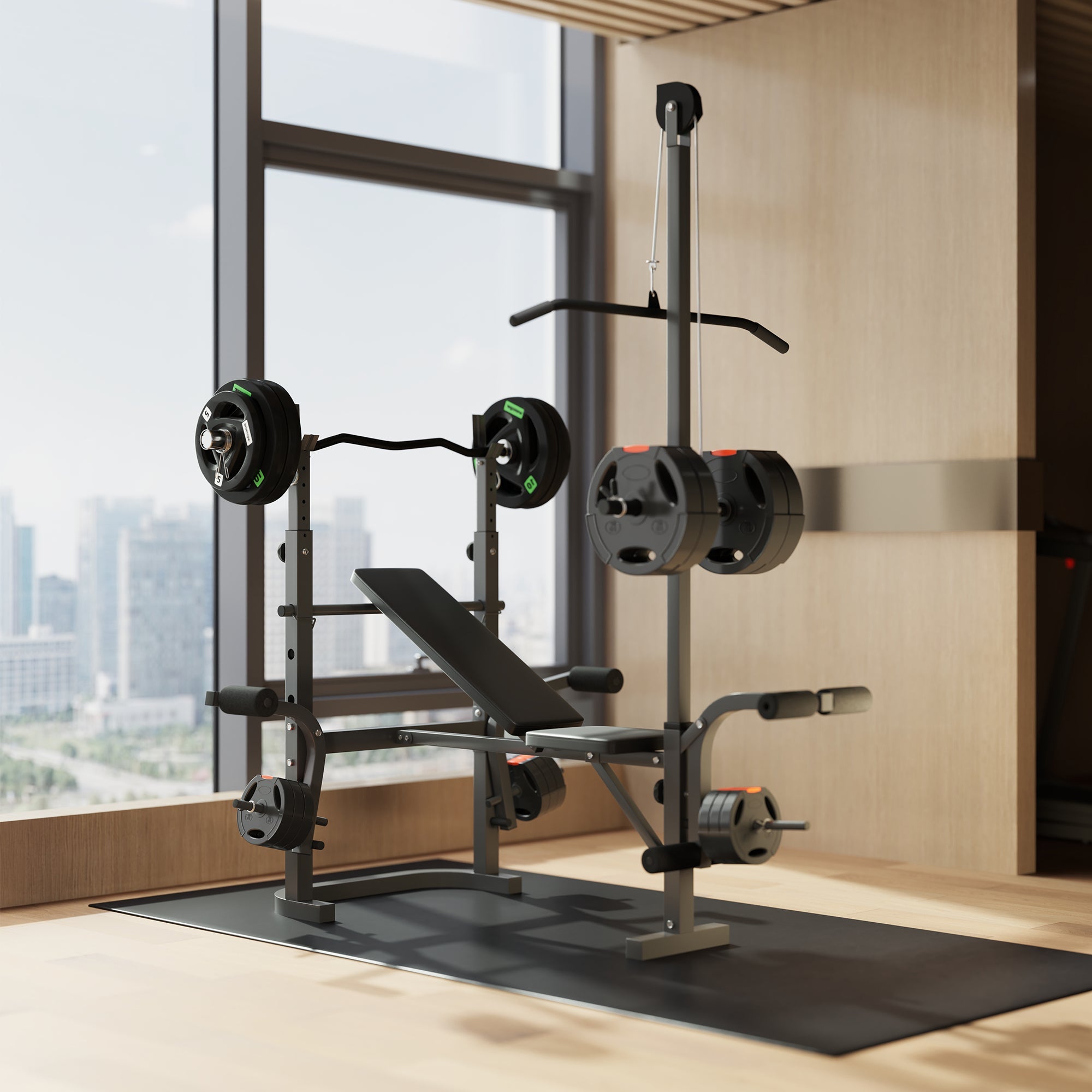 Soozier Adjustable Weight Bench with Bench Press Rack, Preacher Curl Bench, Leg Extension and Lat Pull Down 