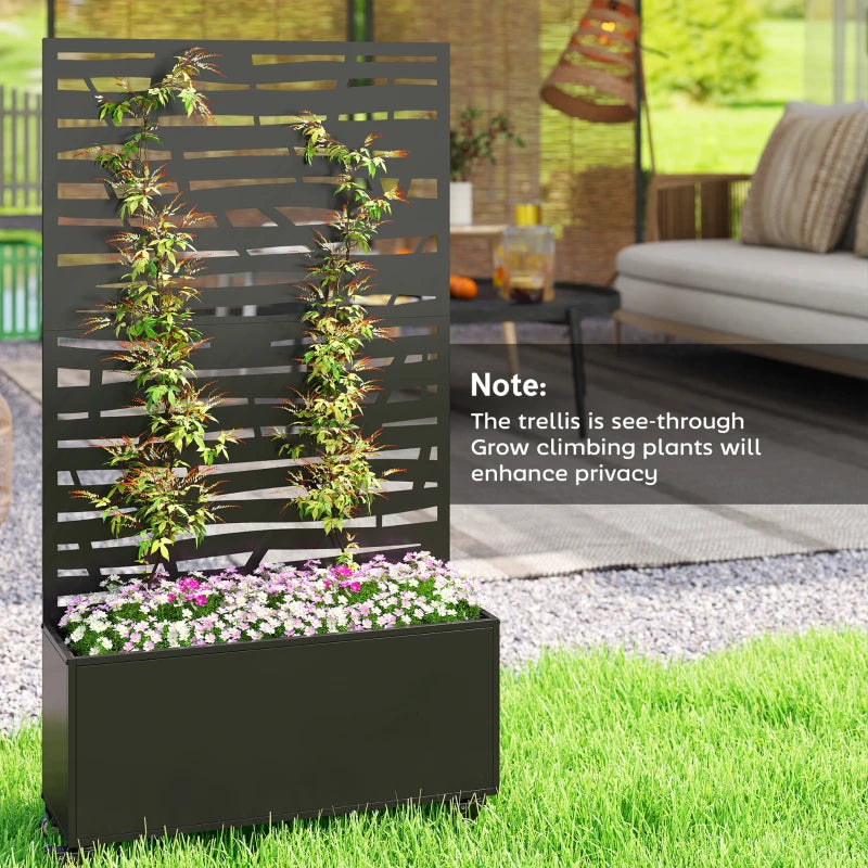 Metal Planter Box with Trellis, Raised Garden Bed with Twigs Slatted Cut-Out Privacy Screen and Wheels