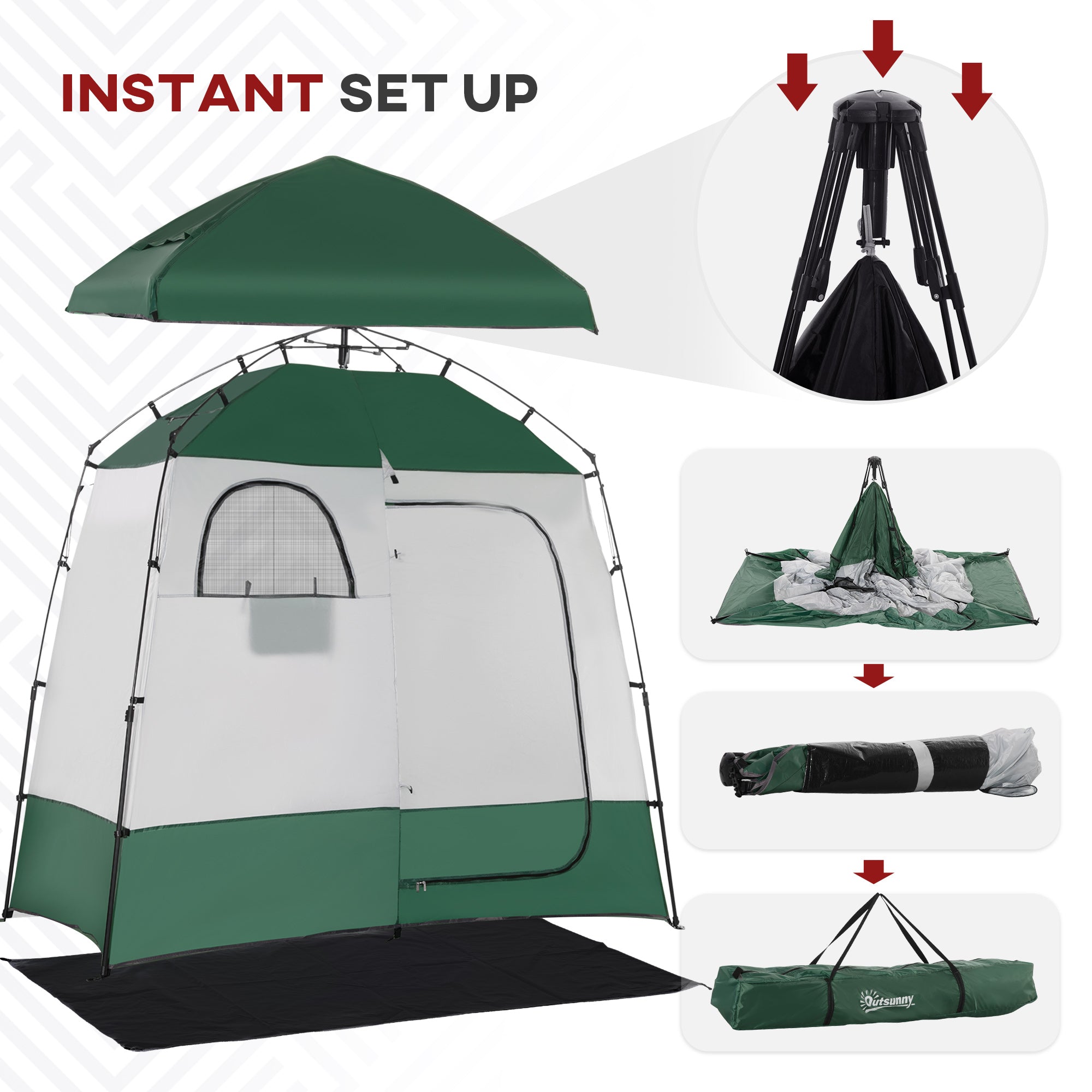 Outsunny Outdoor Portable Pop Up Shower Tent Changing Tent Privacy Enclosure with 2 Rooms, Shower Bag, Floor for Camping, Green 