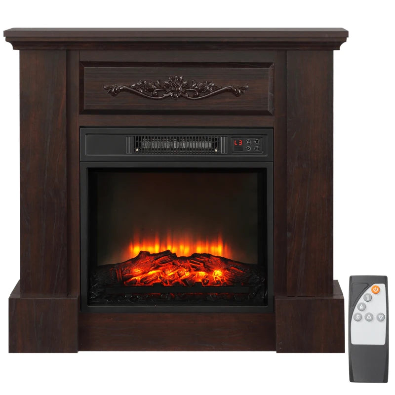 Electric Fireplace with Mantel, Freestanding Heater Corner Firebox with Log Hearth and Remote Control, 1400W, Brown