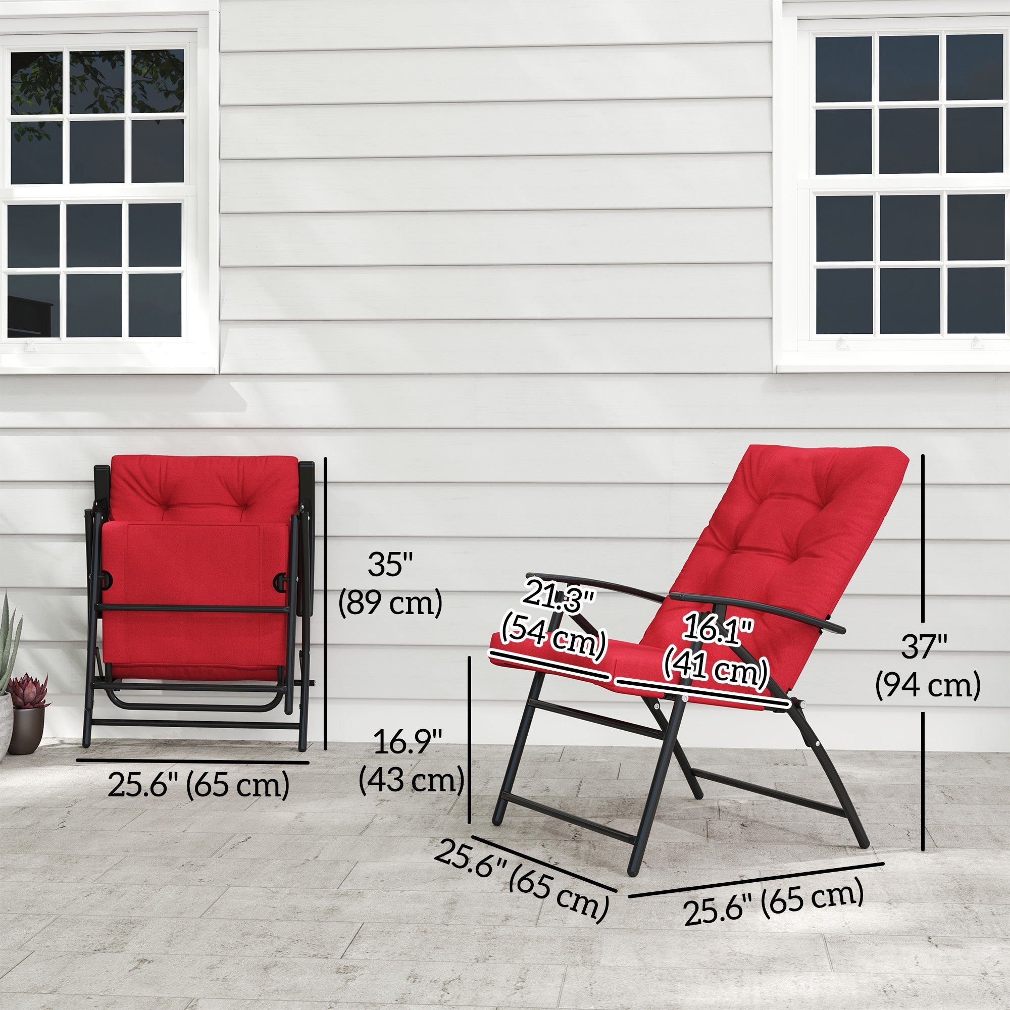 Outsunny Foldable Lounge Chair, Fabric Upholstered Recliner, Outdoor Lounger with Armrest, Metal Frame for Backyard, Red 