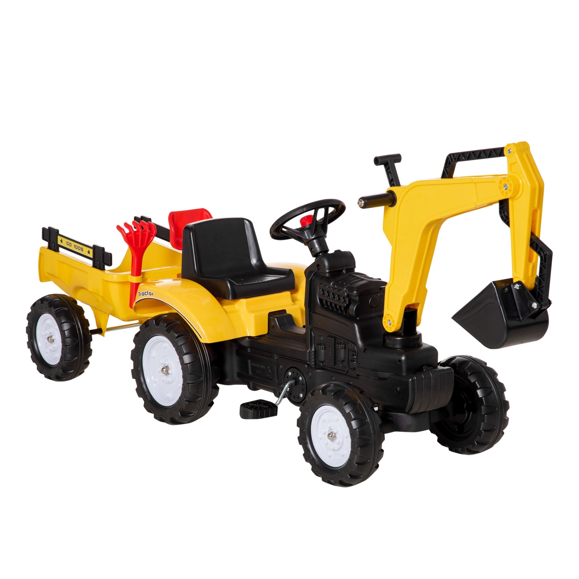 Aosom Yellow Ride-On Pedal Digger Construction Car with Horn Detachable Trailer Kids Toy Vehicle 