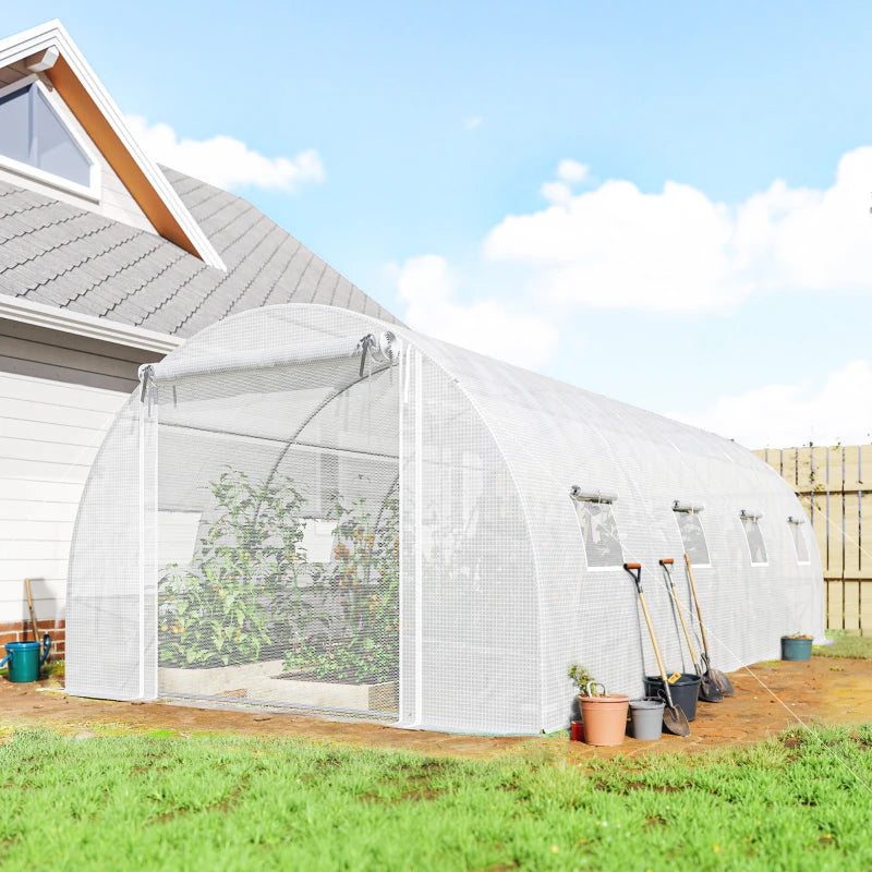 Walk-in Tunnel Greenhouse with 2 Support Rods, Mesh Door, Plant Hot House with PE Cover, 20'x10'x7', White