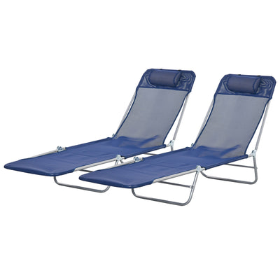 Outsunny Set of 2 Folding Chaise Lounge Chairs, Outdoor Poolside Sun Tanning Chairs w/ Pillow, Reclining Backrest, Dark Blue 
