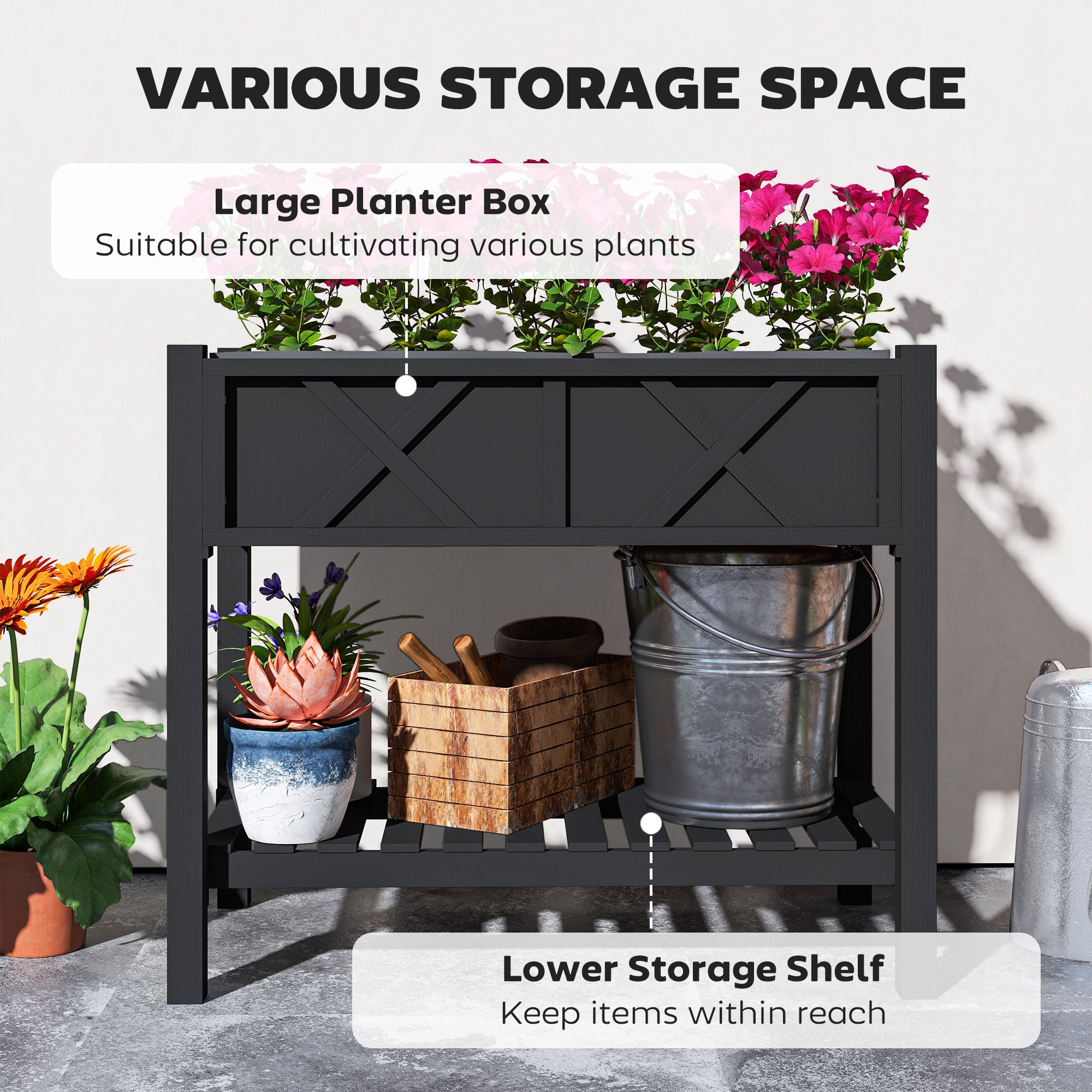 Outsunny Wooden Raised Garden Bed, Elevated Planter Box with Storage Shelf, Drainage Holes and Liner, 34" x 18" x 30", Black 