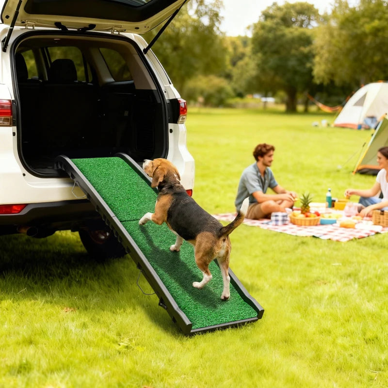 61 Inches Folding Pet Ramp with Grass Surface, Raised Side Rails, for Cars, SUVs