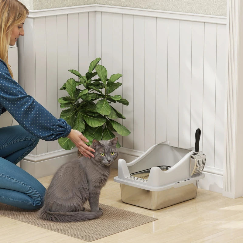 Cat Litter Box Stainless Steel with Metal Litter Scoop, Never Absorbs Odors, Anti Leakage, 17" x 13" x 10", Grey
