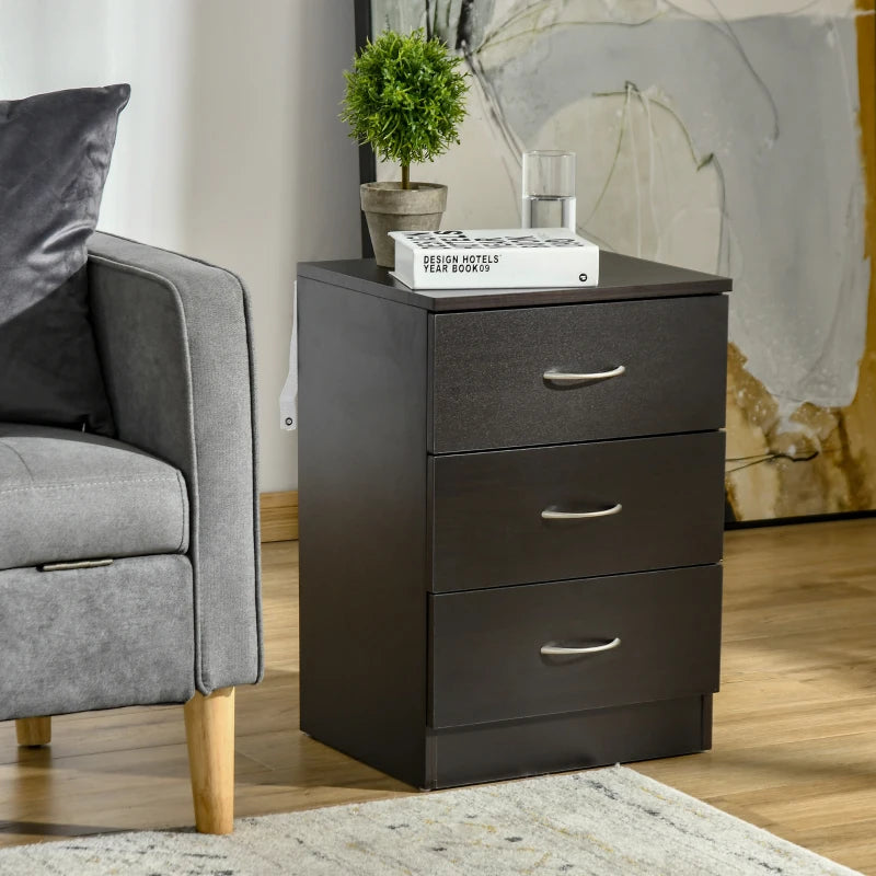 Bedside Table, Modern Night Stand with 3 Drawers and Metal Rail for Bedroom, Dark Brown